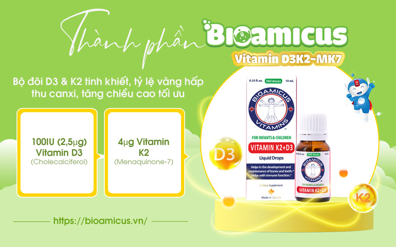 BioAmicus D3K2 với thành phần gồm 2 loại vitamin hỗ trợ tăng chiều cao tối ưu