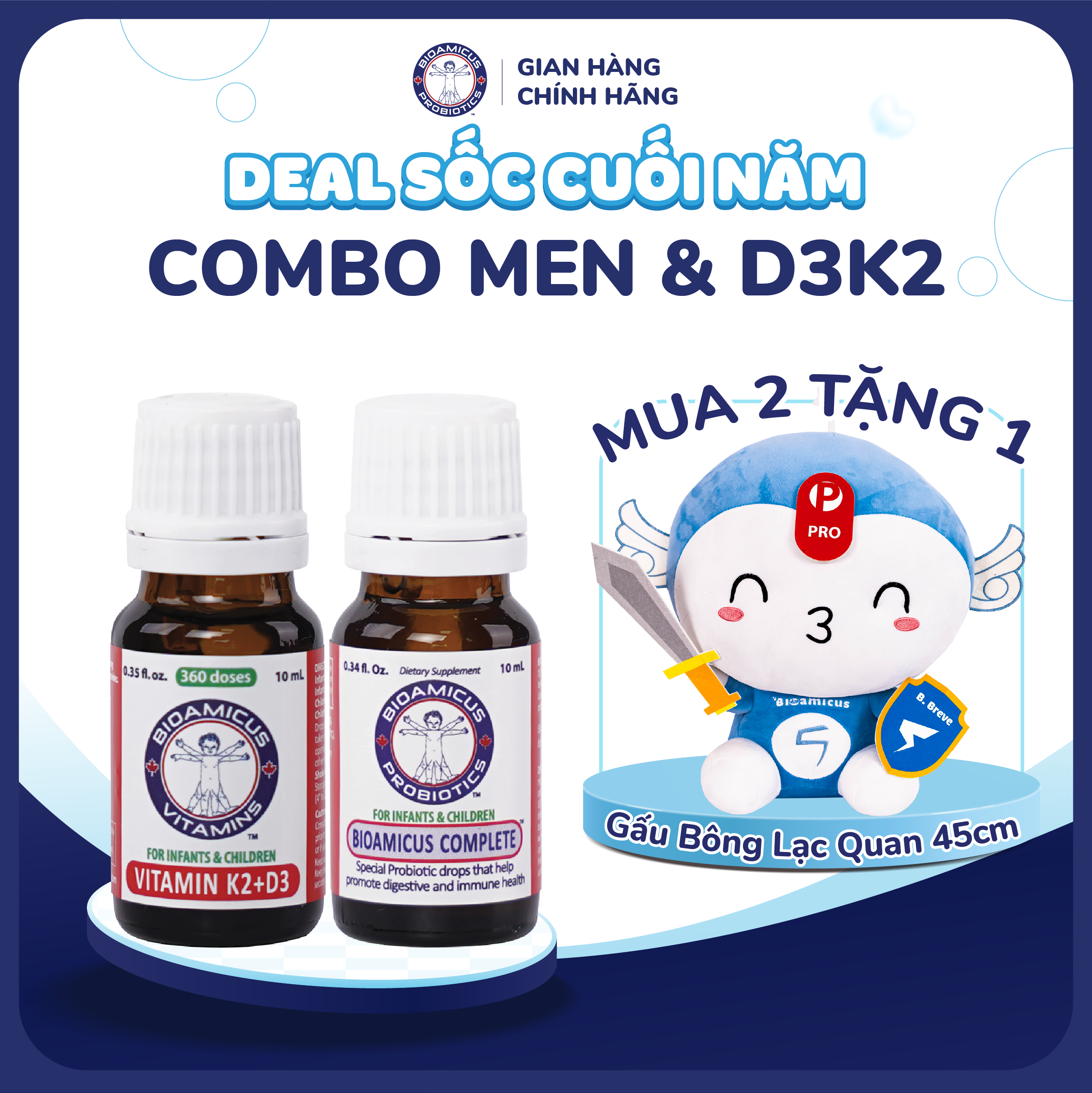 [DEAL SỐC] Mua Combo Men 10 Chủng + BioAmicus D3K2 Tặng 1 Gấu Bông Lạc Quan 45cm