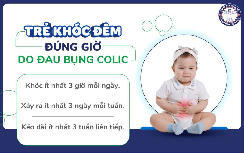 trẻ kh&oacute;c đ&ecirc;m đ&uacute;ng giờ do đau bụng colic