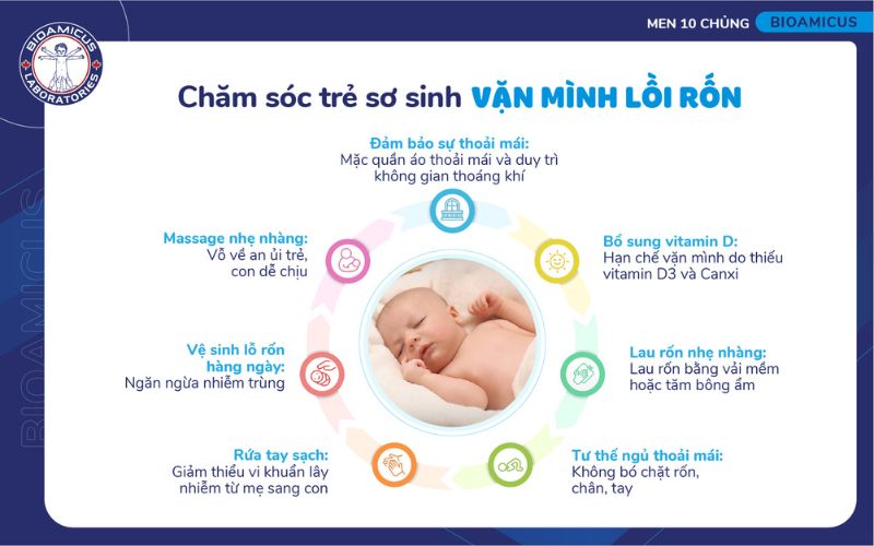 cách chăm sóc trẻ sơ sinh vặn mình lồi rốn