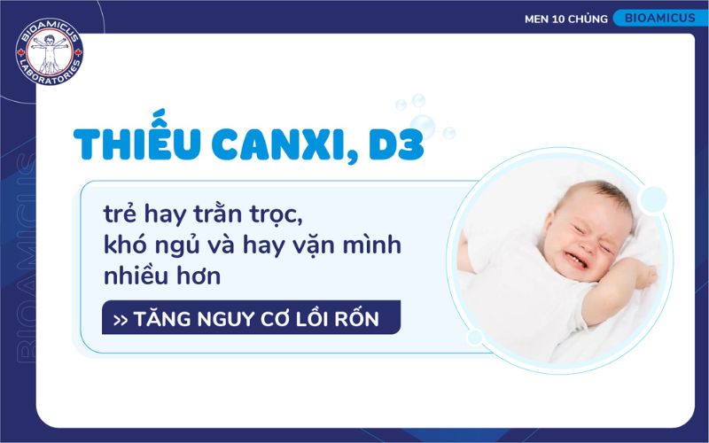thiếu canxi, d3 khiến trẻ hay vặn mình lồi rốn