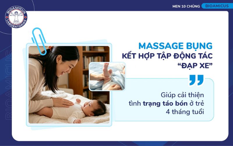 Massage bụng v&agrave; kết hợp động t&aacute;c "đạp xe" gi&uacute;p cải thiện t&aacute;o b&oacute;n ở trẻ 4 th&aacute;ng tuổi